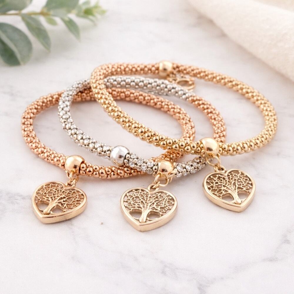 New Gold Tone Tree of Life Charm Bracelets – Set of 3 Layered Bracelets